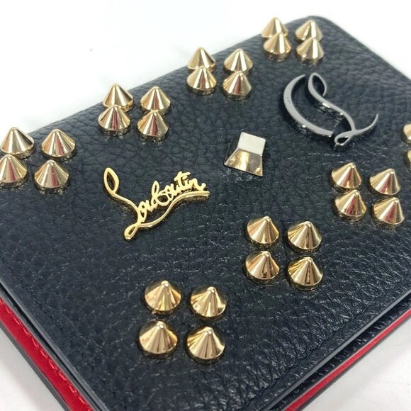 Christian Louboutin Studs logo Flap Business Card Case Leather Black/Red - Picture 6 of 8